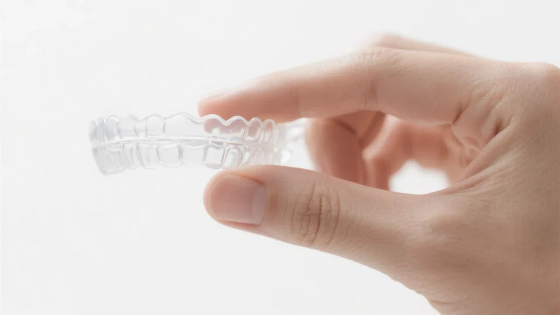 Invisalign Braces (clear, plastic braces) held by a woman's hand