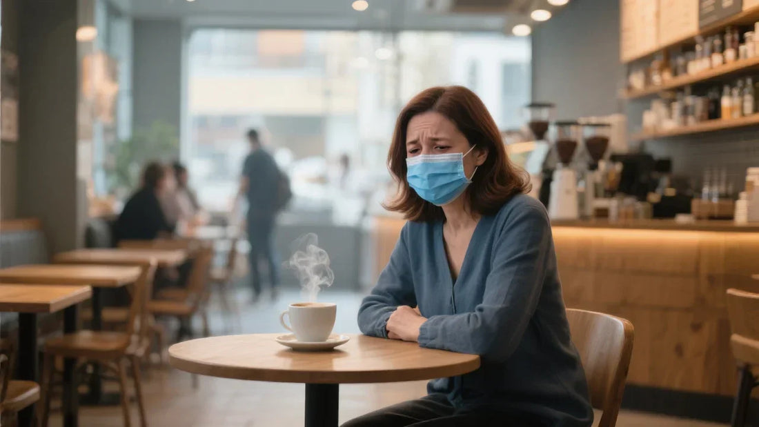 Long-COVID patient wearing a mask in a coffee shop