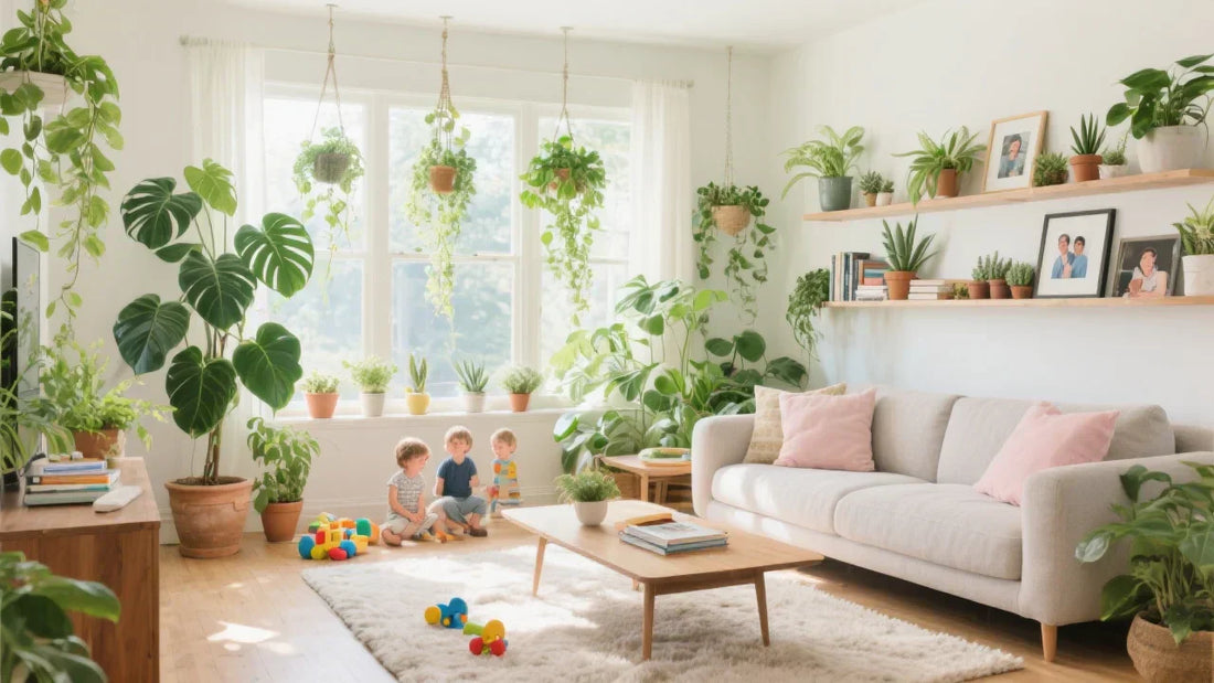 Family home full of green house plants acting to purify the air for 3 children