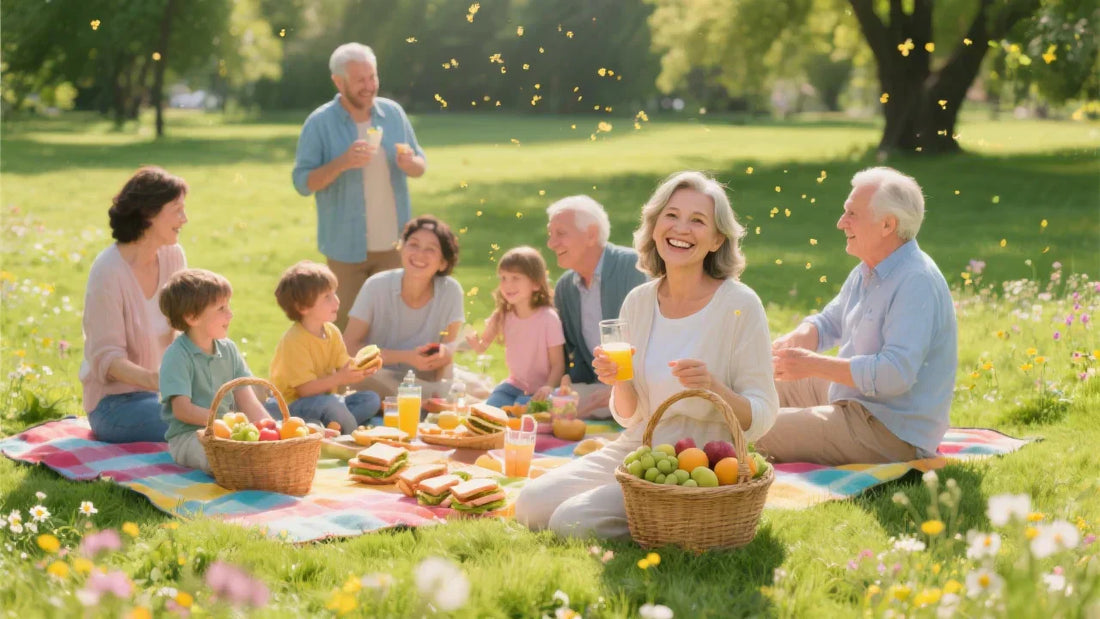 Grandmother enjoying a family picnic with effective hay fever treatment