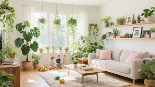 Family home full of green house plants acting to purify the air for 3 children